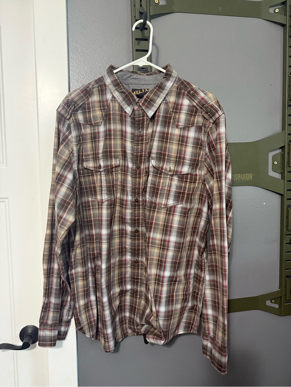 Helix Men’s Brown and Cream Plaid Button-Down Shirt